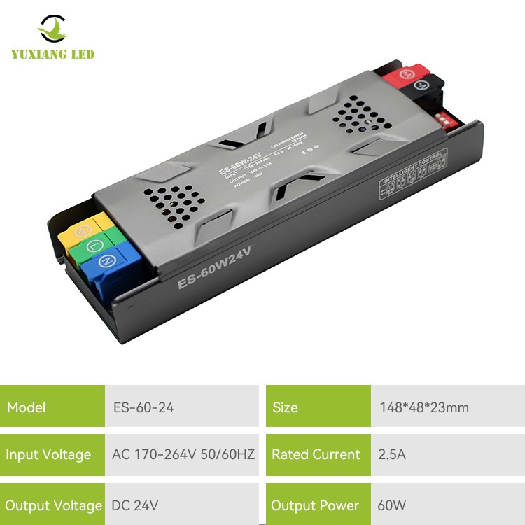 Bekalan kuasa linear LED separa pasu boleh malap model ES 24V 60W